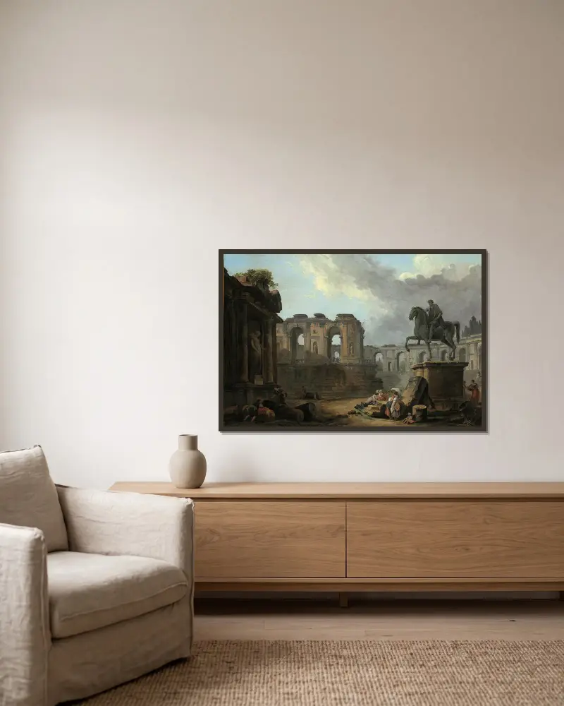 A Roman capriccio with washerwomen by the Statue of Marcus Aurelius av Hubert Robert inramad på en vägg