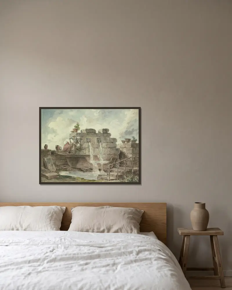 En romersk fontän med en kvinna som hämtar vatten av Hubert Robert inramad på en vägg