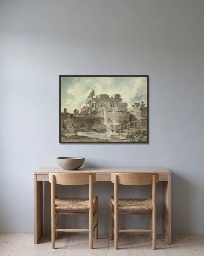 En romersk fontän med en kvinna som hämtar vatten av Hubert Robert inramad på en vägg