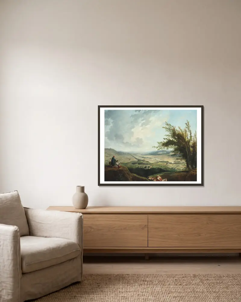 Rozległy krajobraz pod Paryżem, Hubert Robert w ramie na ścianie