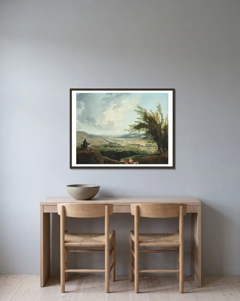 Rozległy krajobraz pod Paryżem, Hubert Robert w ramie na ścianie