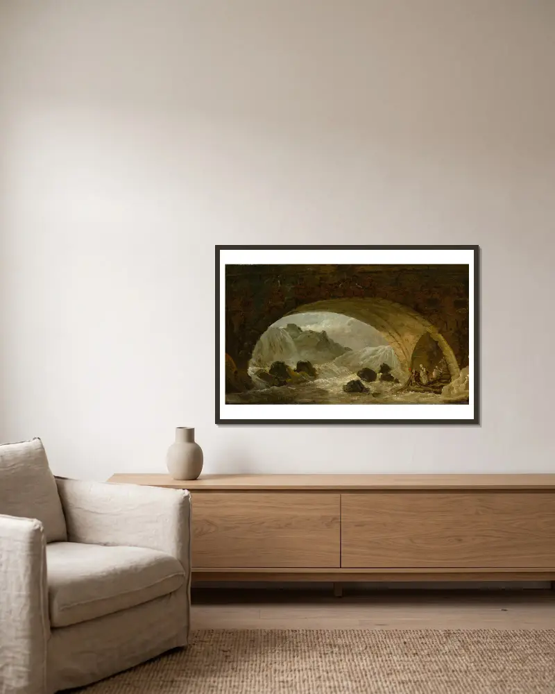 Fischer unter einer Brücke von Hubert Robert gerahmt an einer Wand