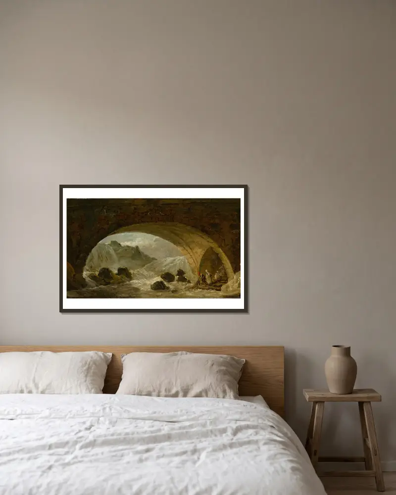 Fischer unter einer Brücke von Hubert Robert gerahmt an einer Wand