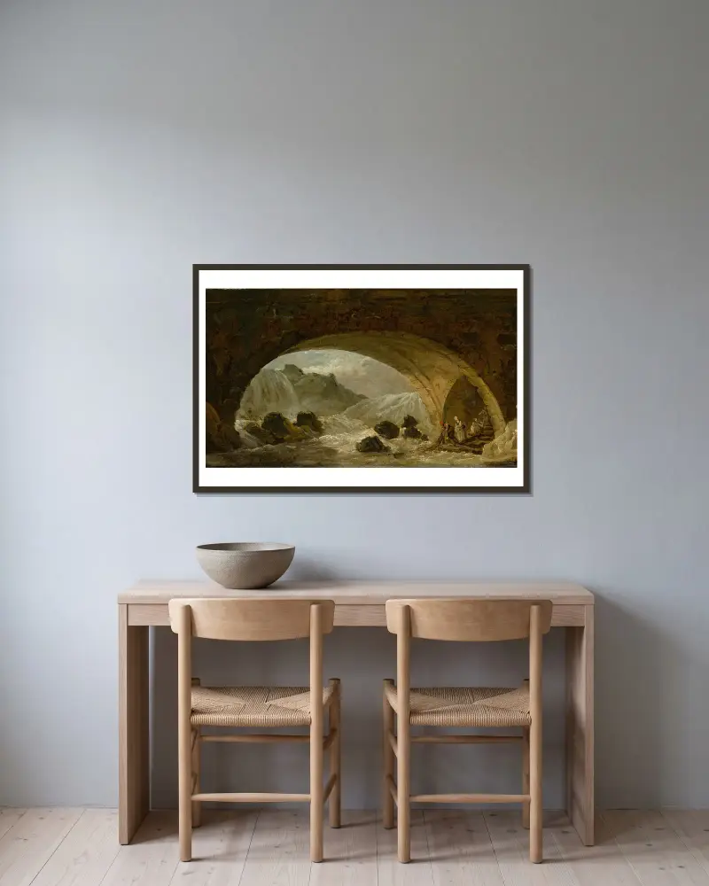 Fischer unter einer Brücke von Hubert Robert gerahmt an einer Wand