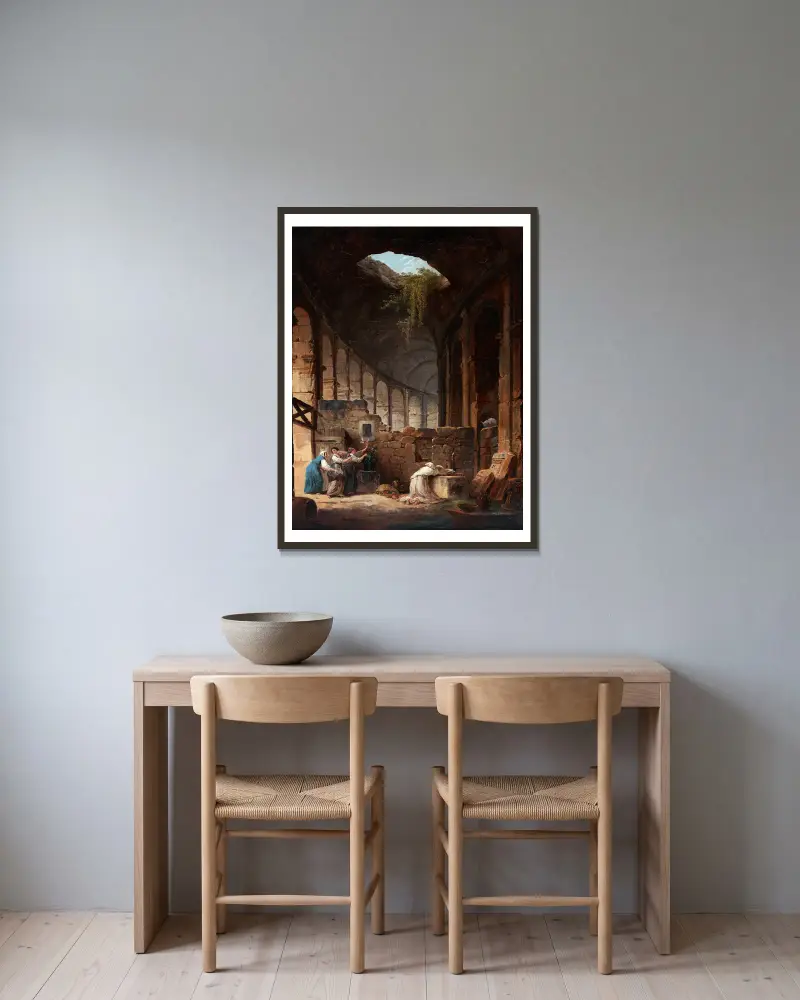Eremit im Kolosseum von Hubert Robert gerahmt an einer Wand