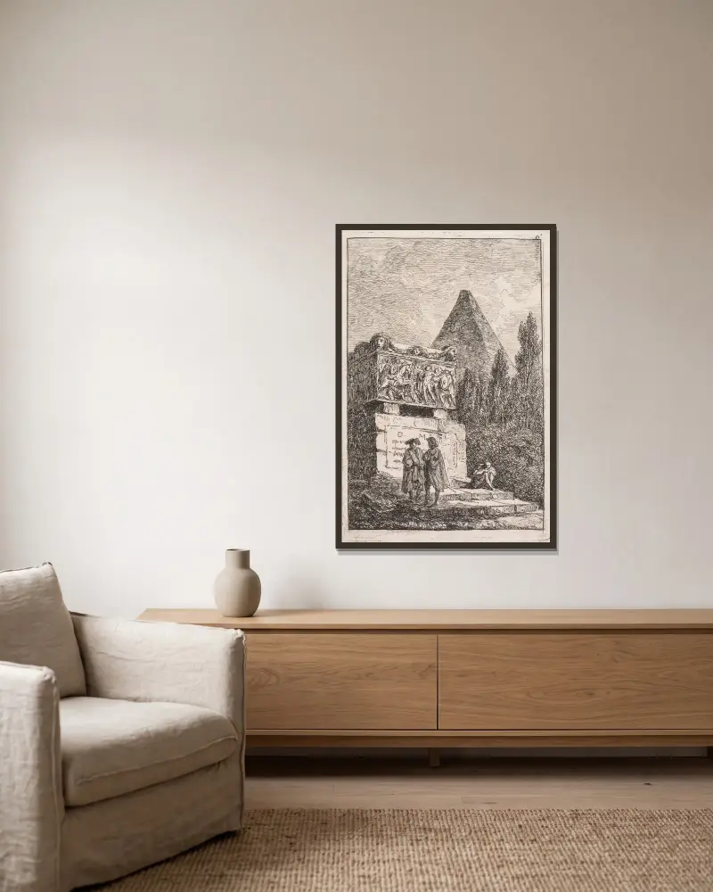 Der Sarkophag von Hubert Robert gerahmt an einer Wand