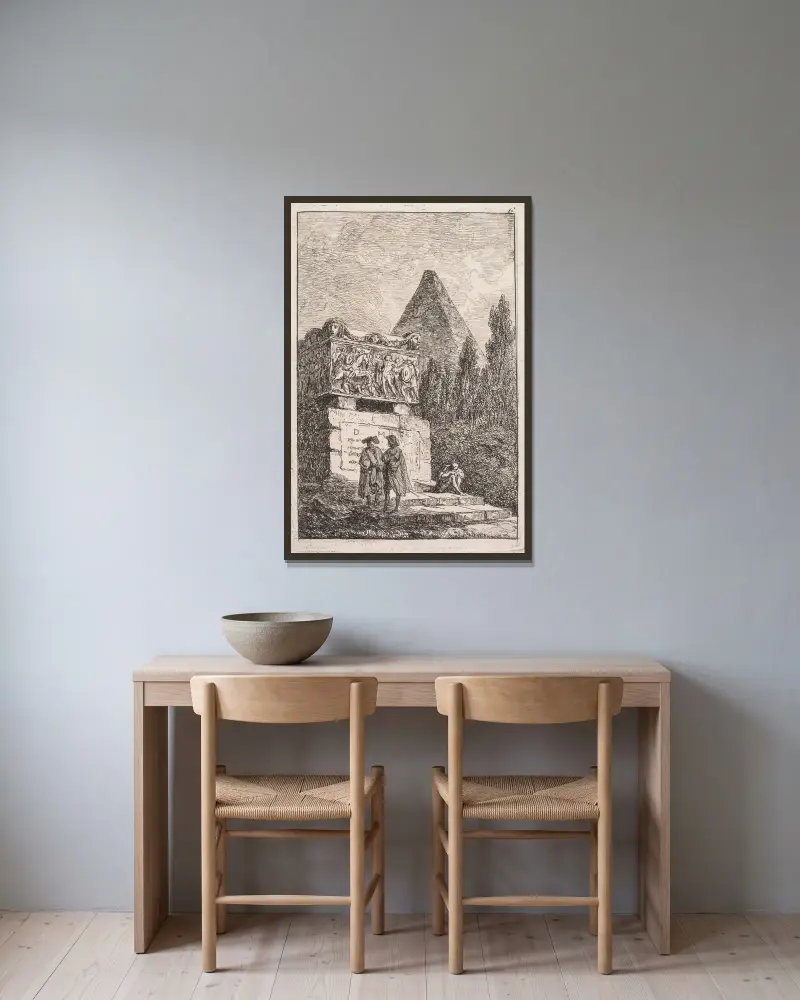 Der Sarkophag von Hubert Robert gerahmt an einer Wand