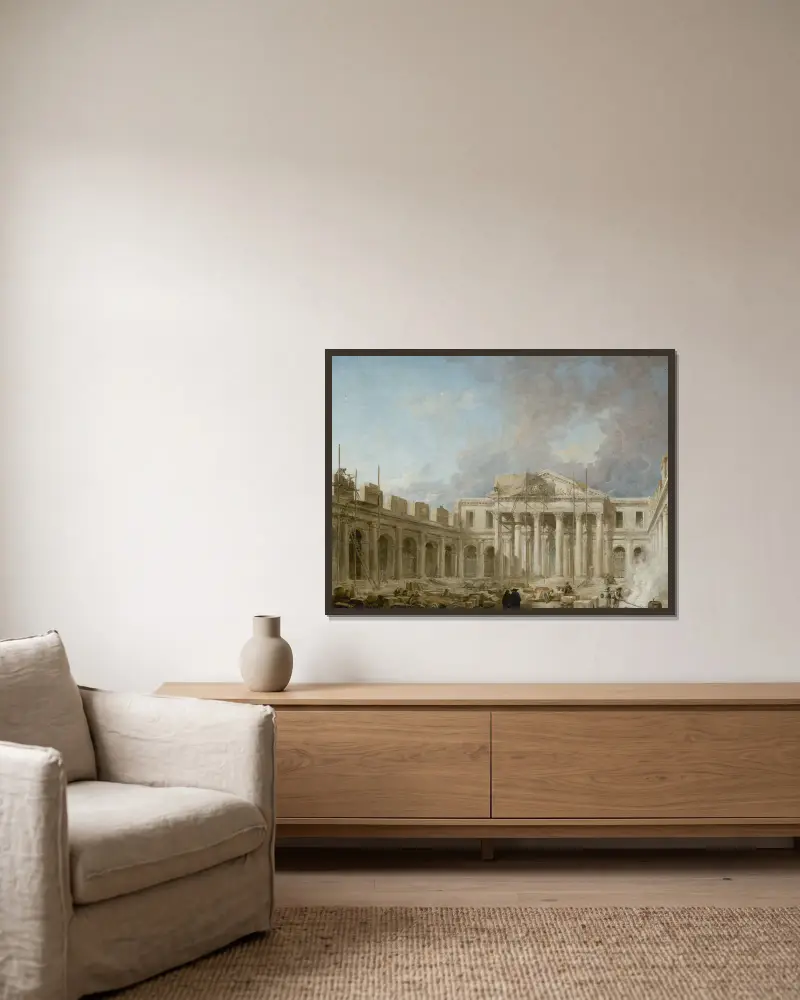 L’Ecole de chirurgie en construction av Hubert Robert inramad på en vägg