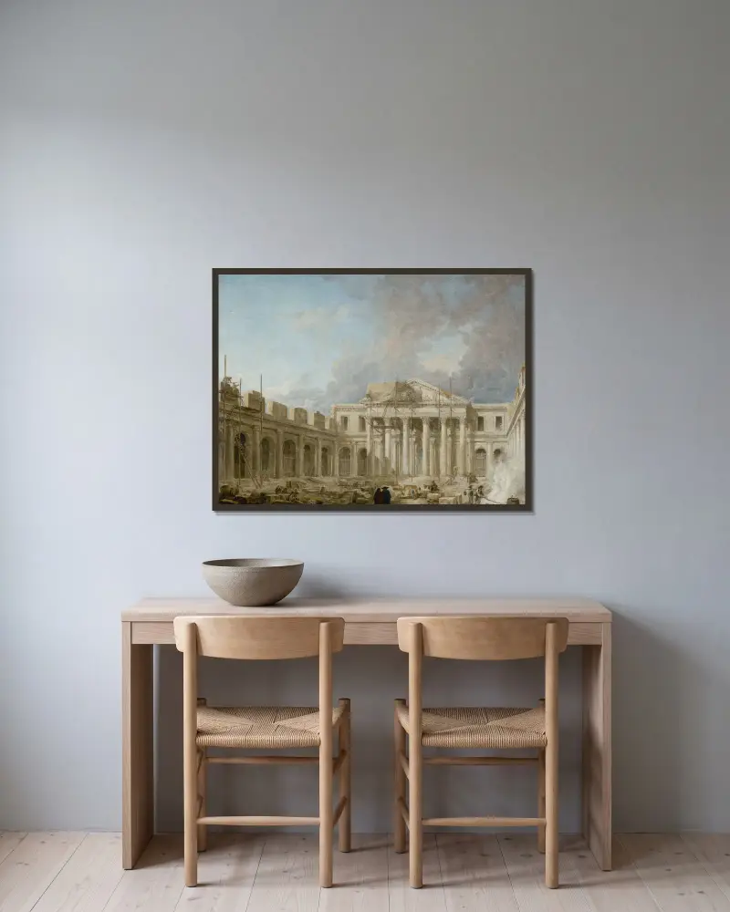 L’Ecole de chirurgie en construction av Hubert Robert inramad på en vägg