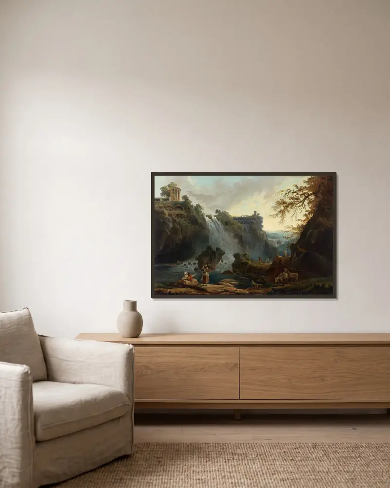 Die Wasserfälle von Tivoli von Hubert Robert gerahmt an einer Wand