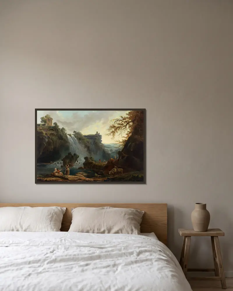 Die Wasserfälle von Tivoli von Hubert Robert gerahmt an einer Wand