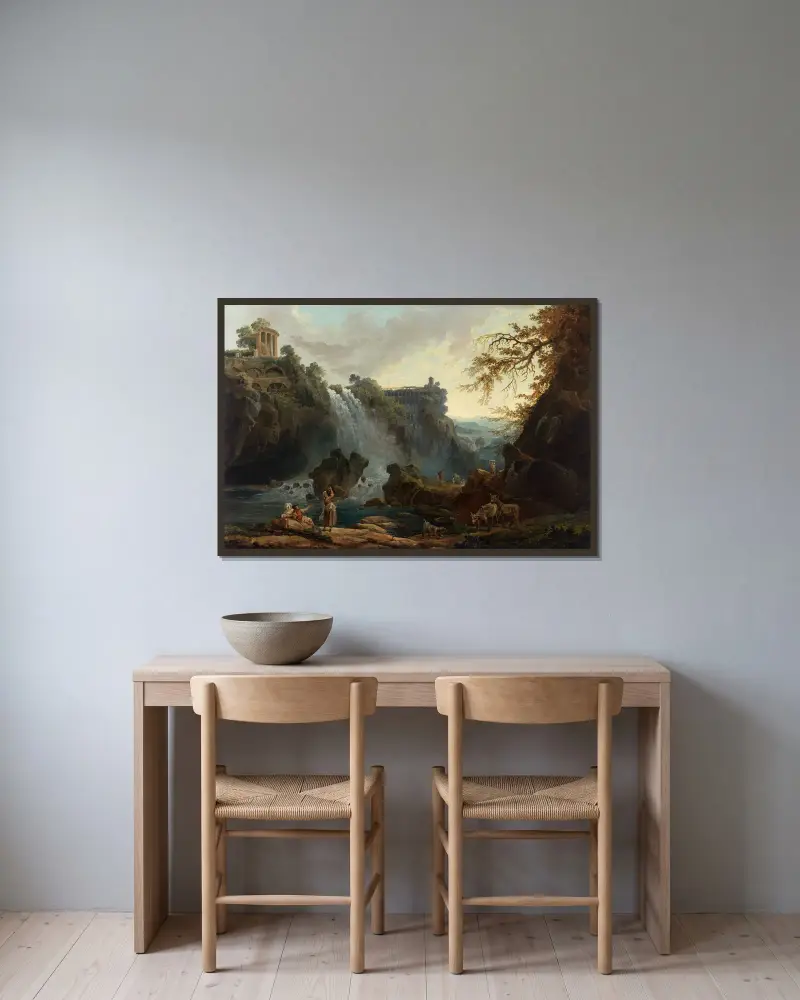 Die Wasserfälle von Tivoli von Hubert Robert gerahmt an einer Wand