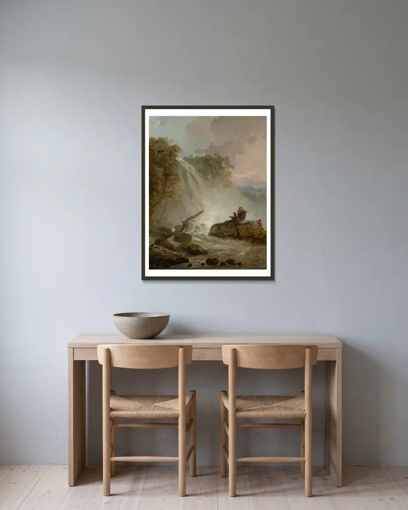 Wasserfall mit zeichnendem Künstler von Hubert Robert gerahmt an einer Wand