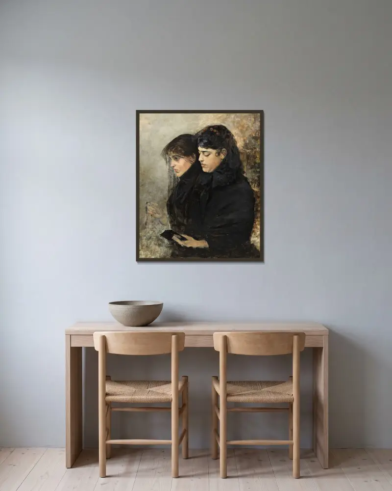 Porträtt av konstnärens hustru och svägerska av Hugo Birger inramad på en vägg