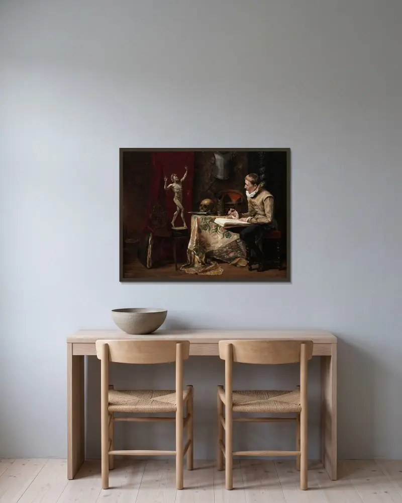 The Artist’s Studio, with Selfportrait av Hugo Birger inramad på en vägg