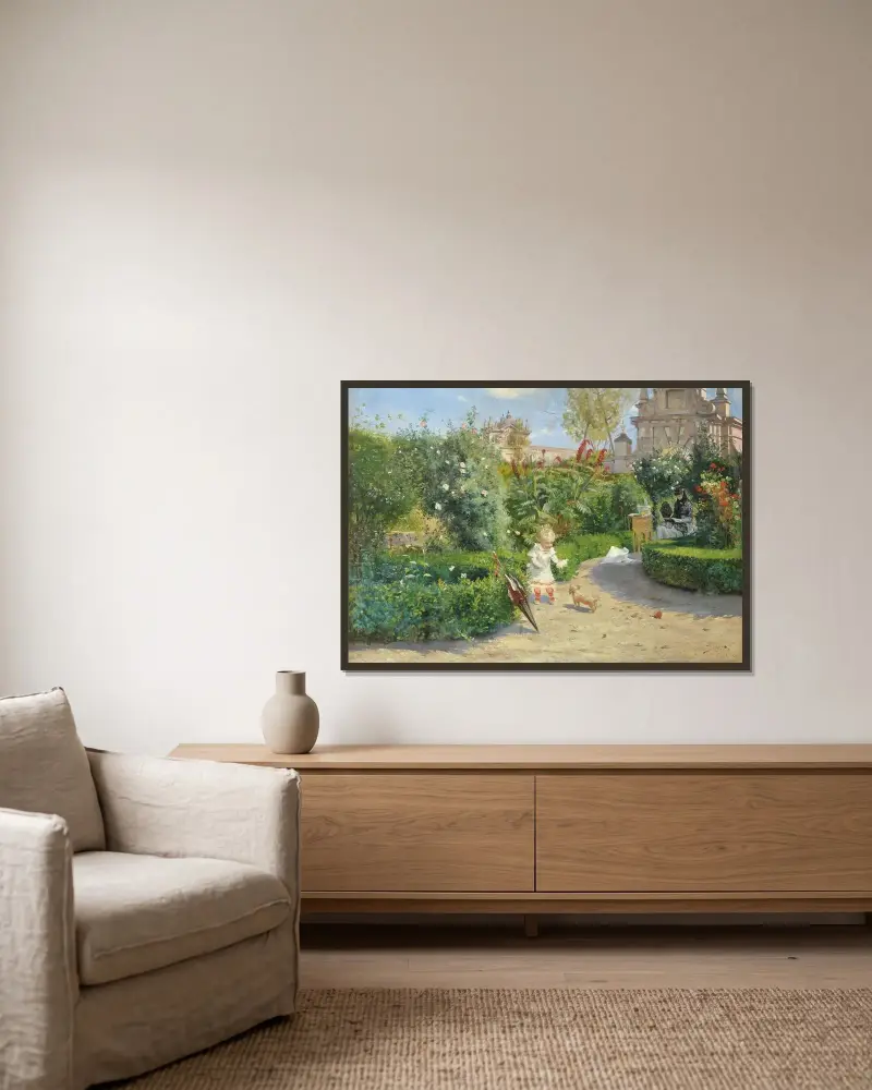The Murillo Gardens, Seville av Hugo Birger inramad på en vägg