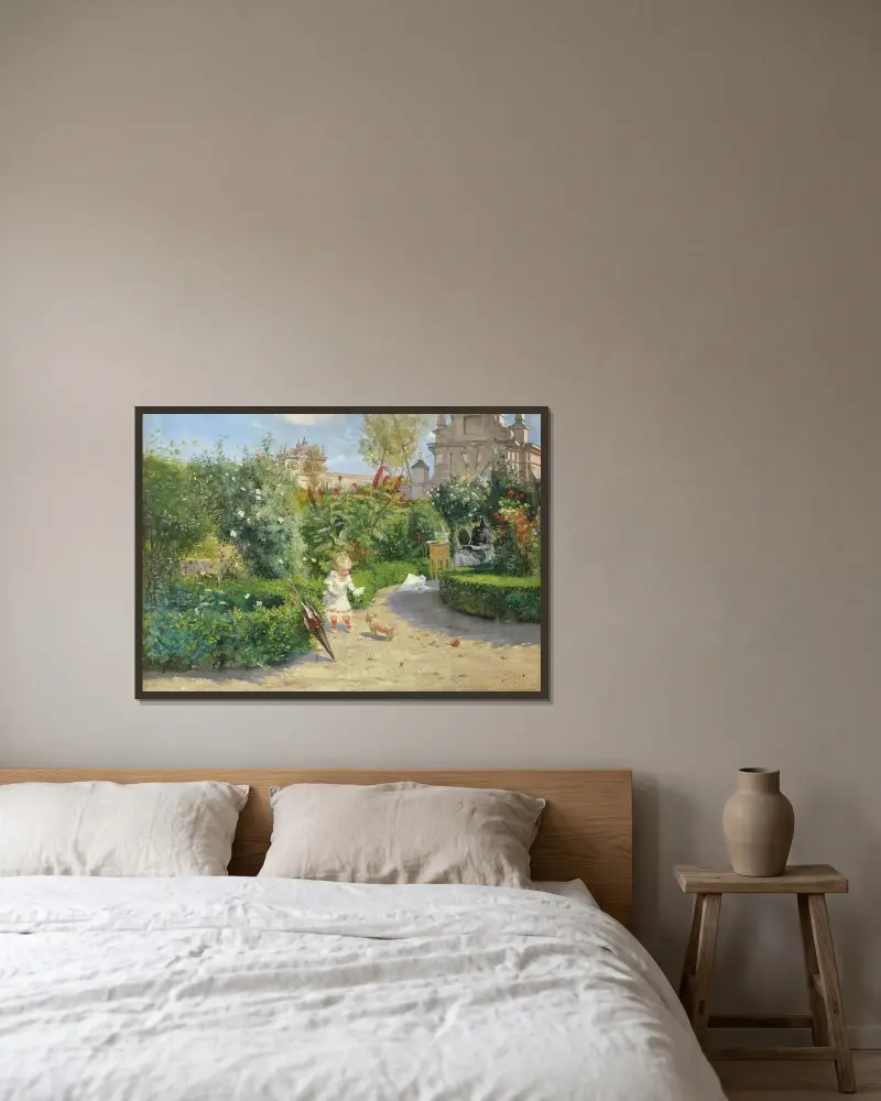 The Murillo Gardens, Seville av Hugo Birger inramad på en vägg
