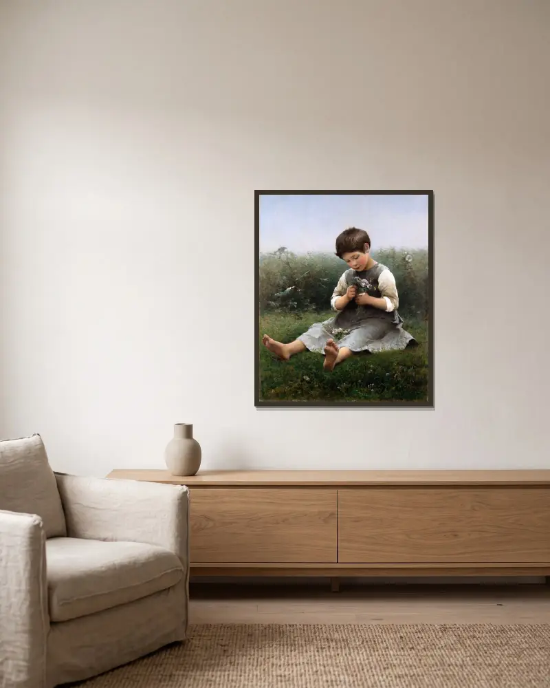 Girl Picking Flowers av Hugo Salmson inramad på en vägg