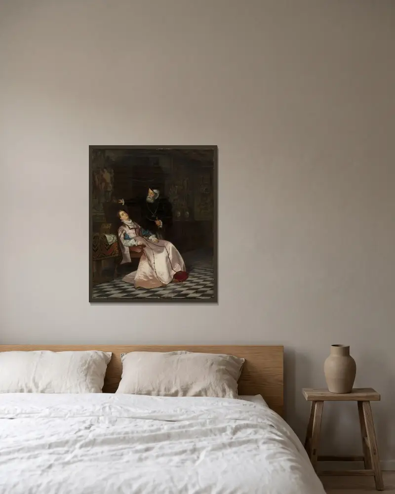 Gustav Vasa finds his consort Katarina Stenbock asleep and hears her say; ‘I am very fond of King Gösta, but I will never forget Rosen’ av Hugo Salmson inramad på en vägg