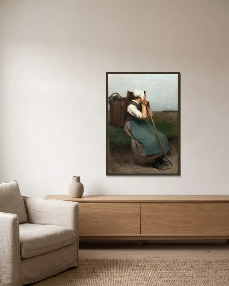 Peasant Girl av Hugo Salmson inramad på en vägg
