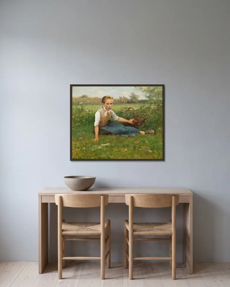 Picking Flowers av Hugo Salmson inramad på en vägg