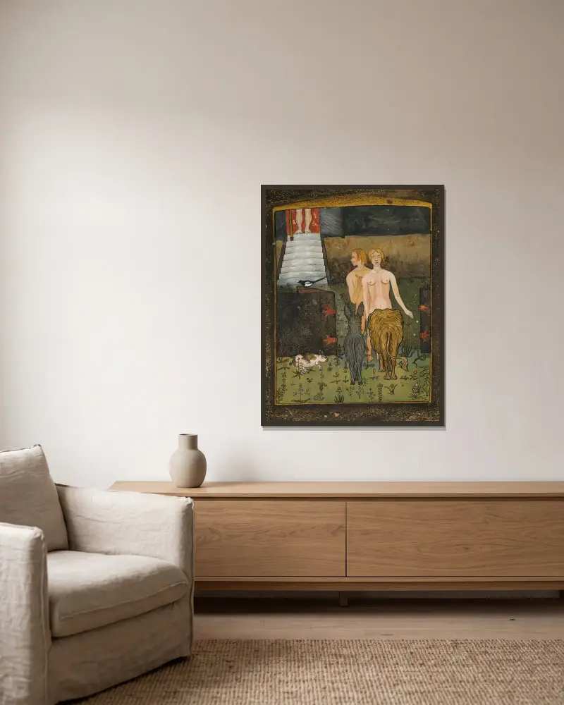 Adam und Eva von Hugo Simberg gerahmt an einer Wand