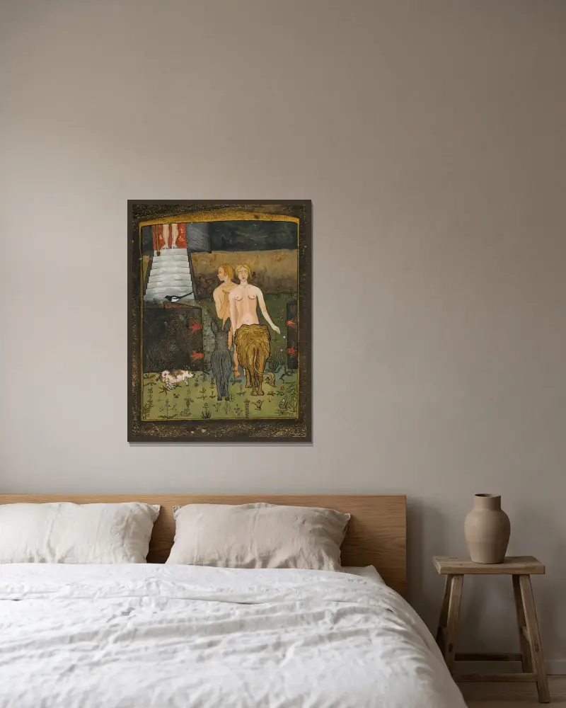 Adam und Eva von Hugo Simberg gerahmt an einer Wand