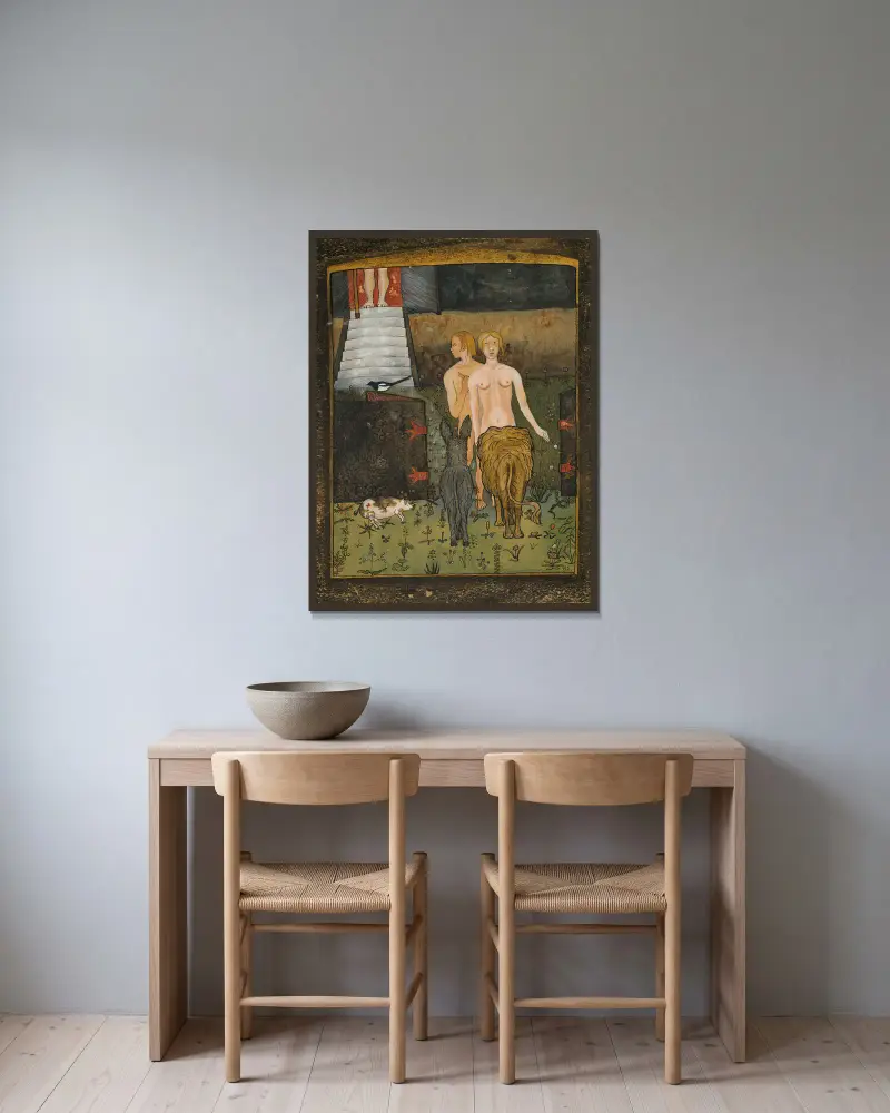 Adam und Eva von Hugo Simberg gerahmt an einer Wand