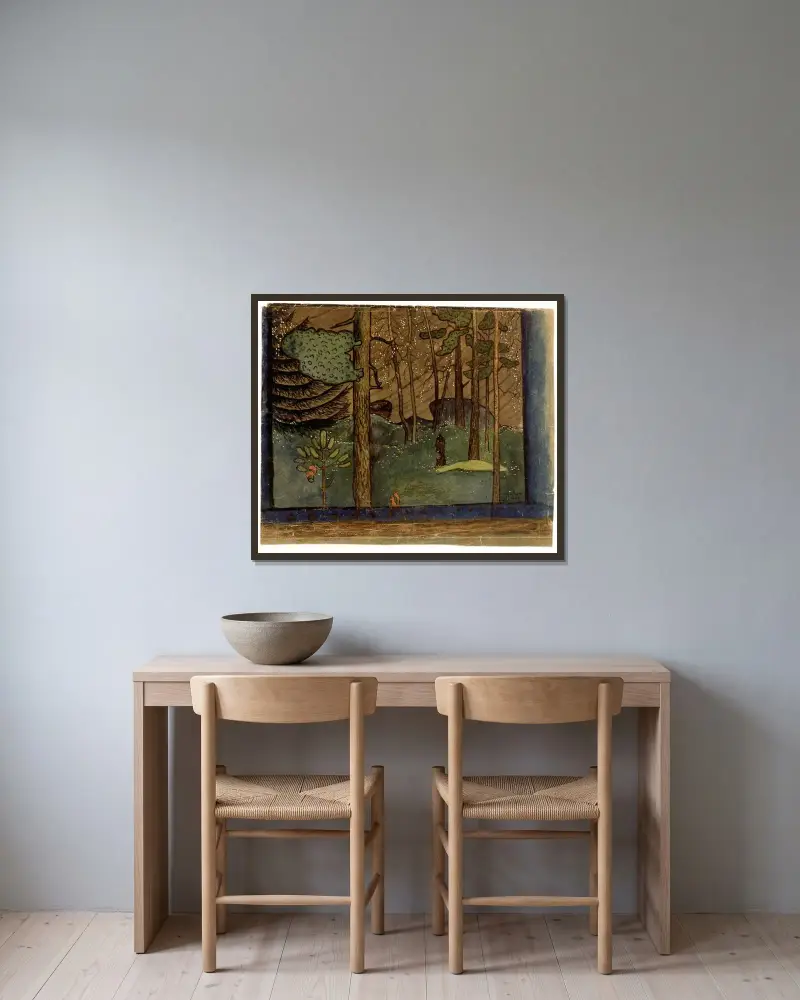 Höst i skogen av Hugo Simberg inramad på en vägg