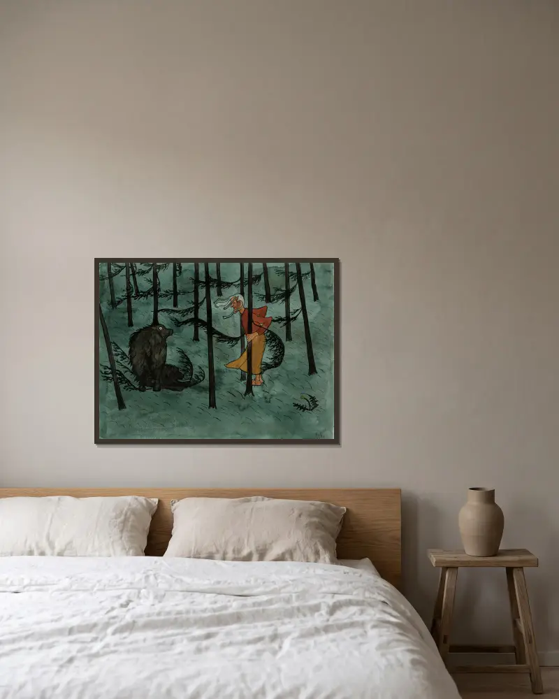 Fear In The Woods av Hugo Simberg inramad på en vägg