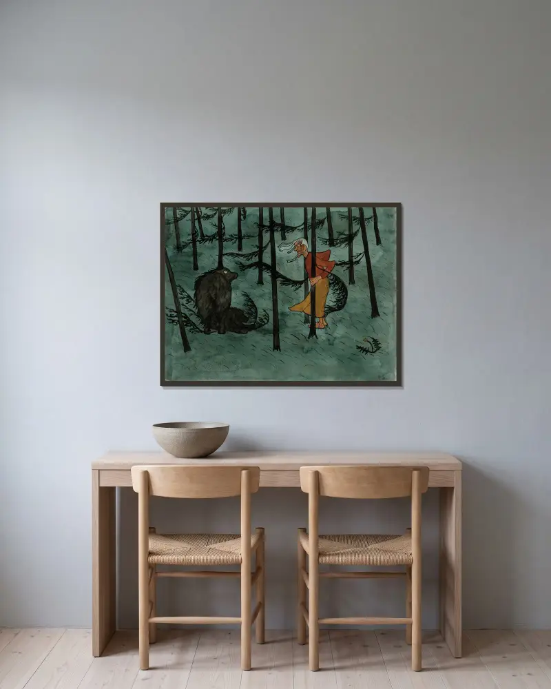 Fear In The Woods av Hugo Simberg inramad på en vägg