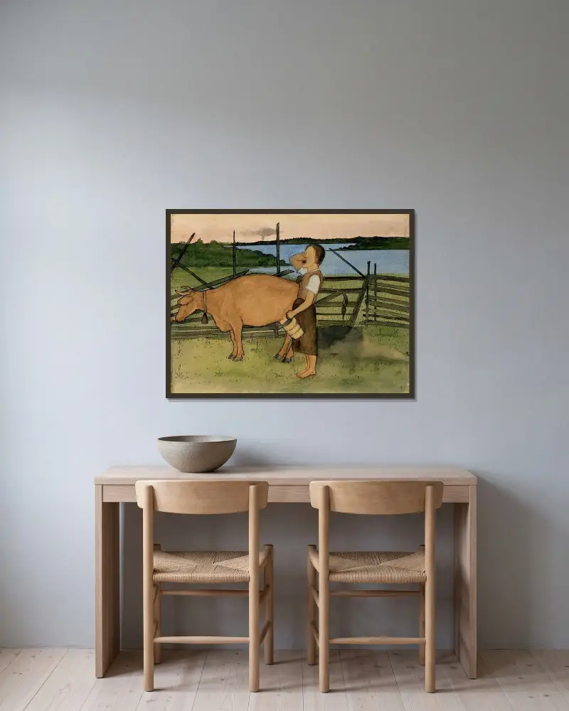Morgonmjölkning av Hugo Simberg inramad på en vägg