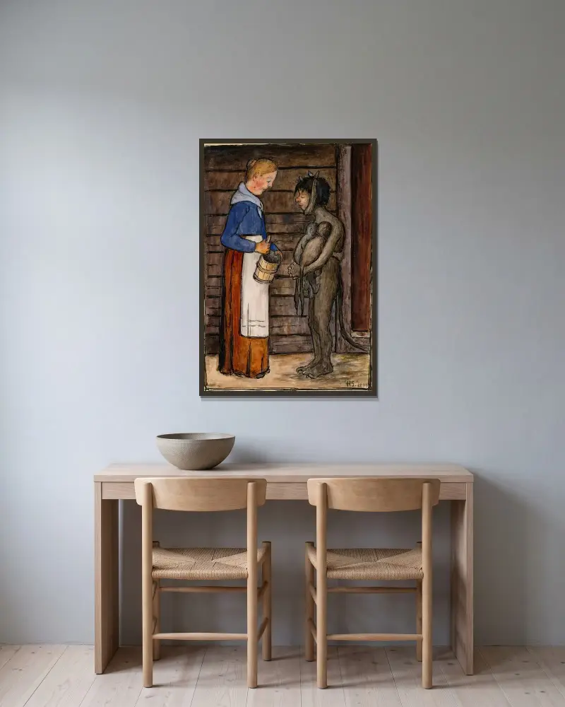 Bondens hustru och den fattige djävulen av Hugo Simberg inramad på en vägg