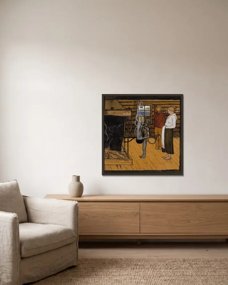Der arme Teufel am Feuer von Hugo Simberg gerahmt an einer Wand