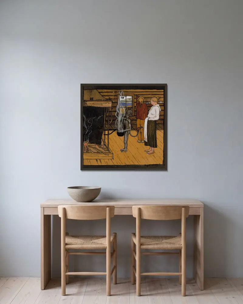 Der arme Teufel am Feuer von Hugo Simberg gerahmt an einer Wand