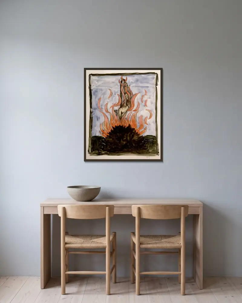 Häxan på bålet av Hugo Simberg inramad på en vägg