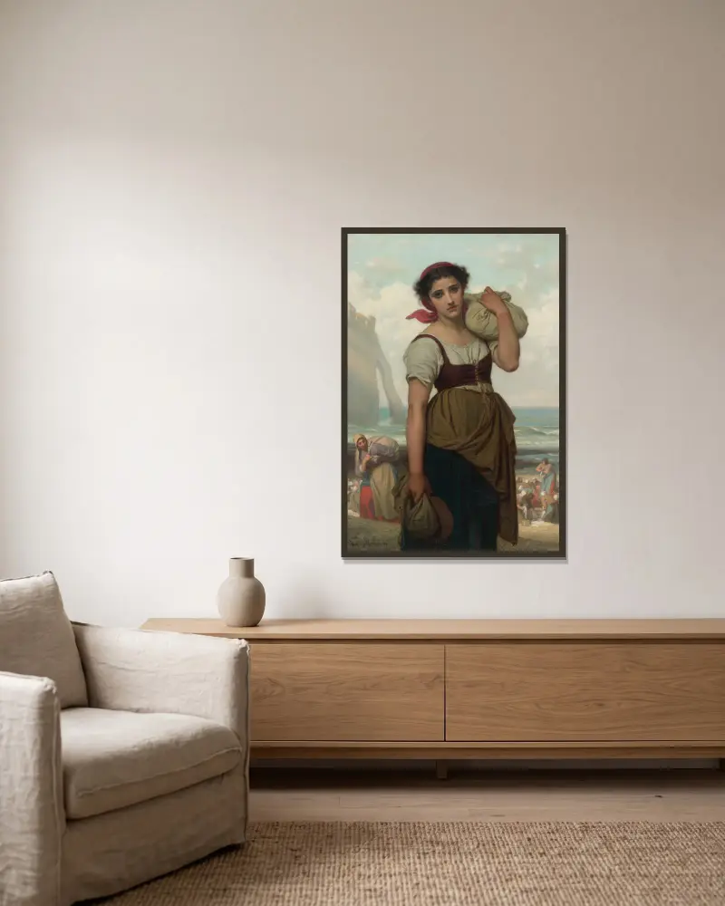 Die Wäscherin von Étretat von Hugues Merle gerahmt an einer Wand