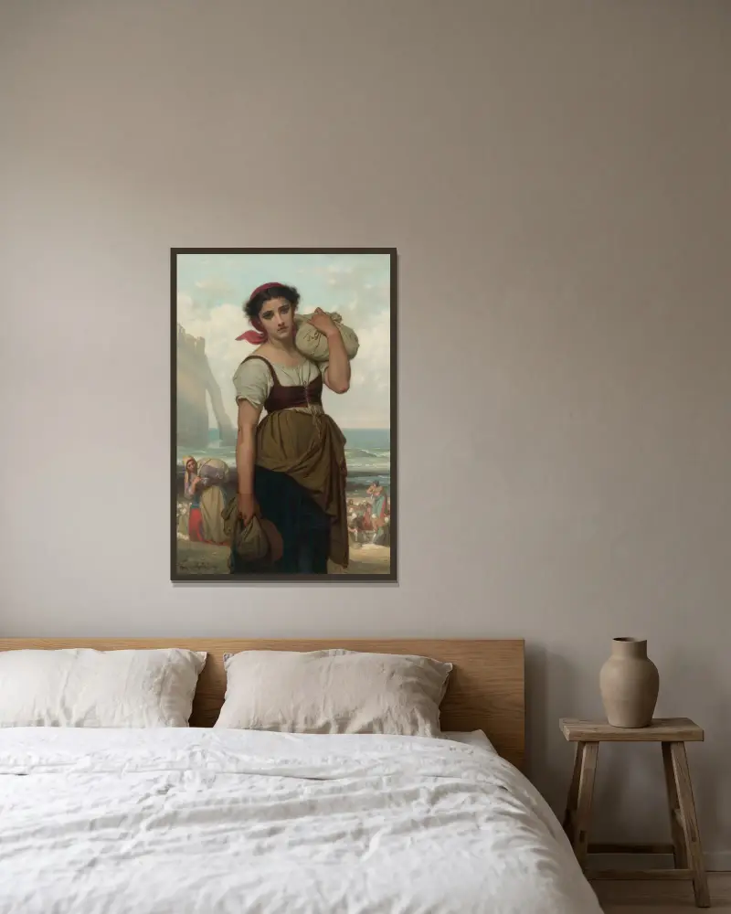 Die Wäscherin von Étretat von Hugues Merle gerahmt an einer Wand