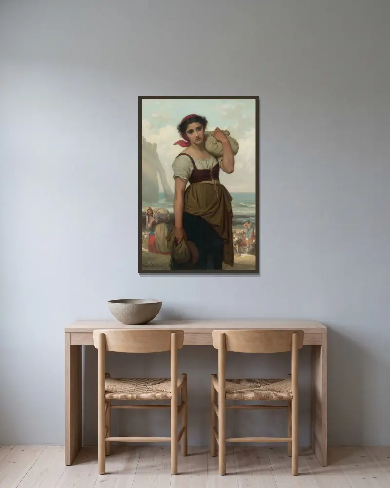 Die Wäscherin von Étretat von Hugues Merle gerahmt an einer Wand