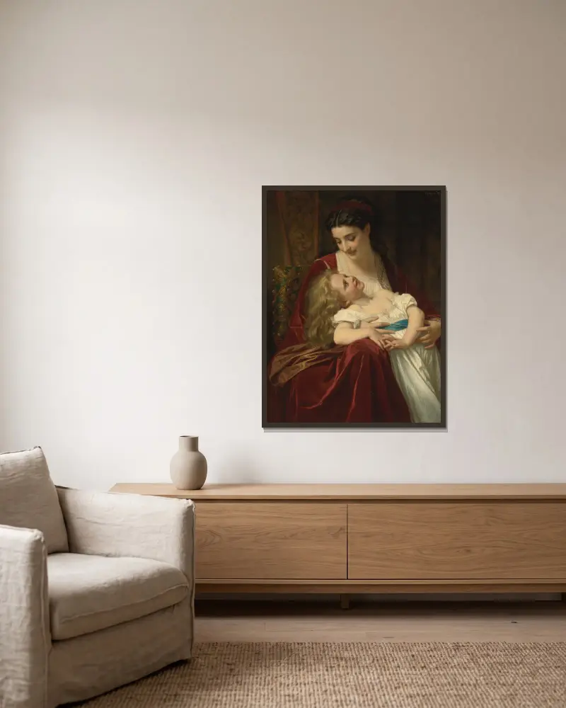 Mütterliche Zuneigung von Hugues Merle gerahmt an einer Wand