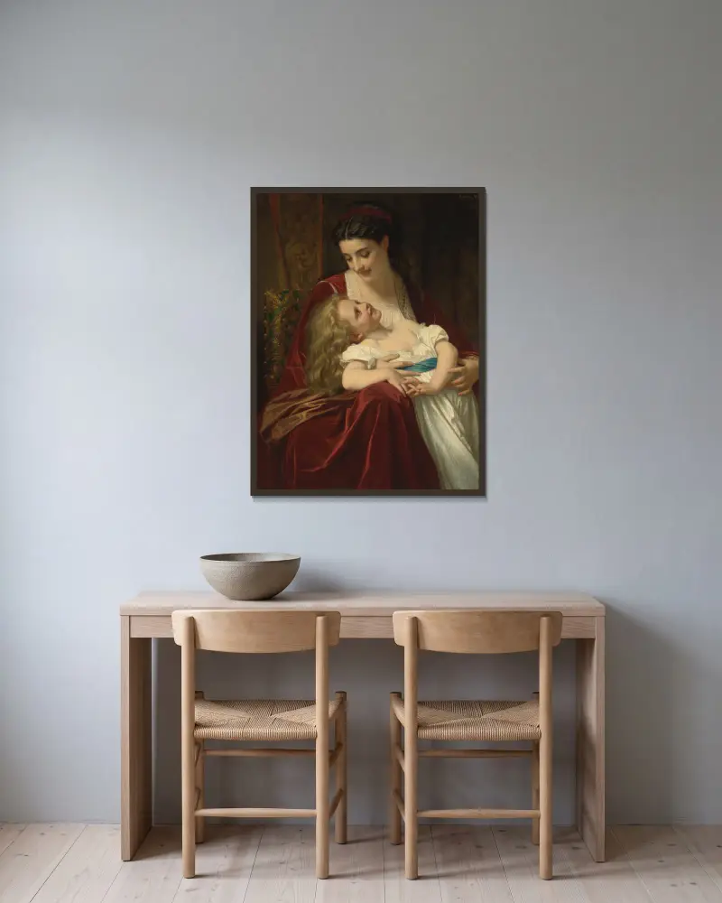 Mütterliche Zuneigung von Hugues Merle gerahmt an einer Wand