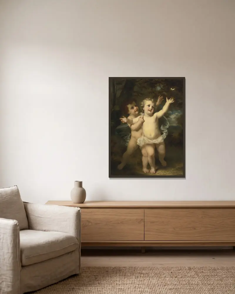 Der Schmetterling von Hugues Merle gerahmt an einer Wand