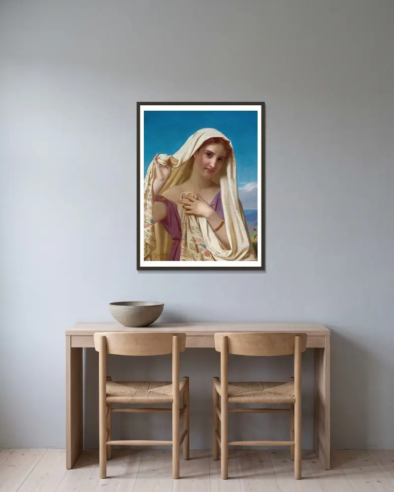 Junges Mädchen mit Schleier von Hugues Merle gerahmt an einer Wand