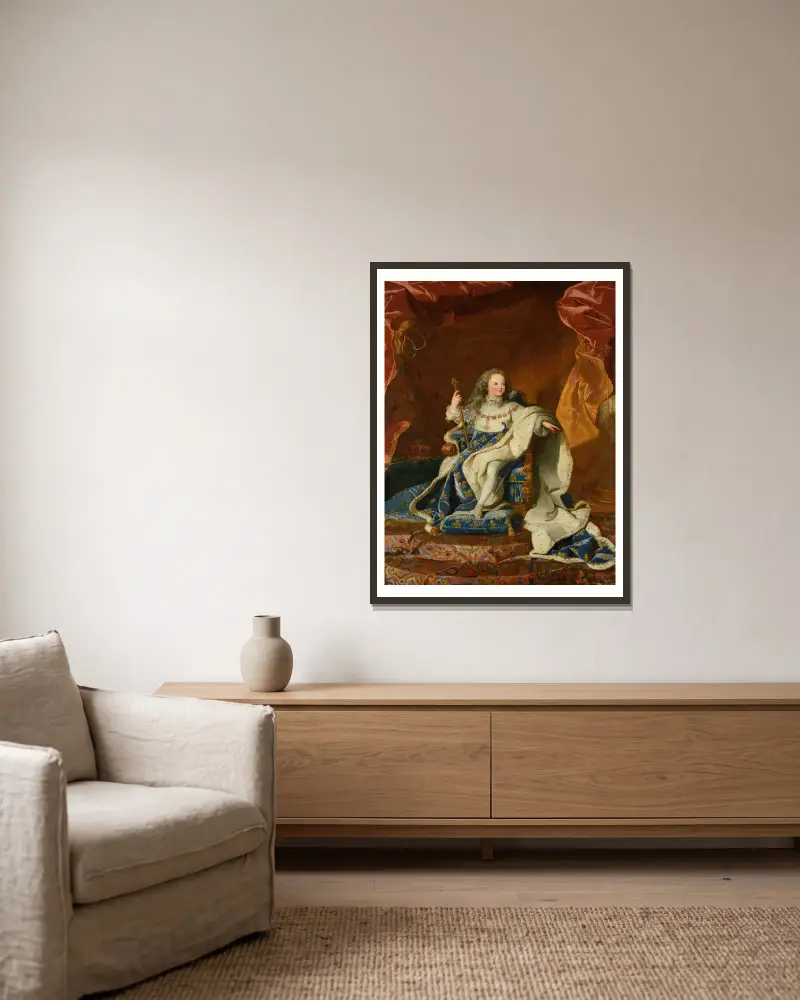 Louis XV, roi de France et de Navarre av Hyacinthe Rigaud inramad på en vägg