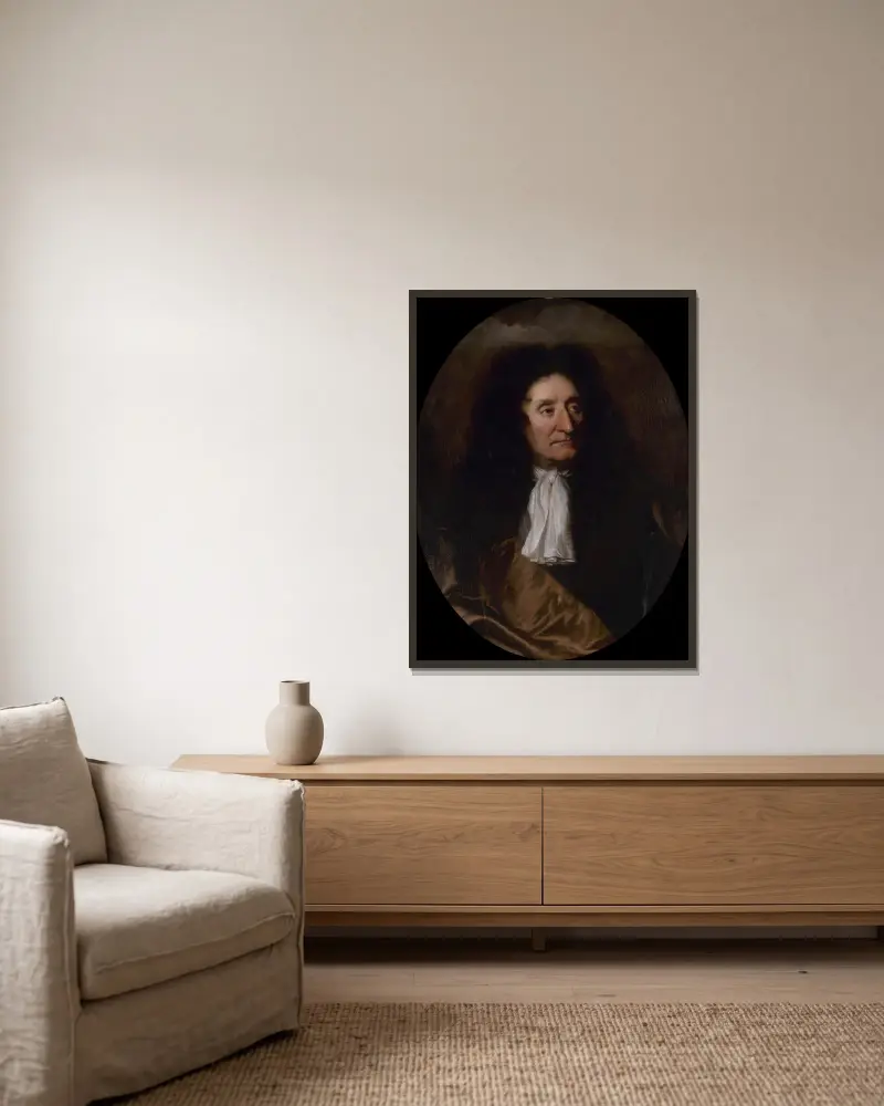 Portrait de Jean de La Fontaine (1621-1695), poète av Hyacinthe Rigaud inramad på en vägg