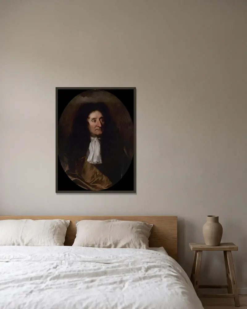 Portrait de Jean de La Fontaine (1621-1695), poète av Hyacinthe Rigaud inramad på en vägg
