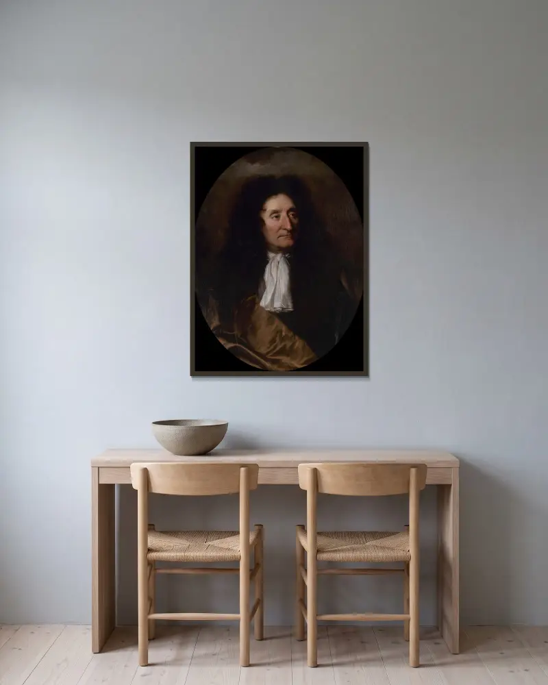 Portrait de Jean de La Fontaine (1621-1695), poète av Hyacinthe Rigaud inramad på en vägg