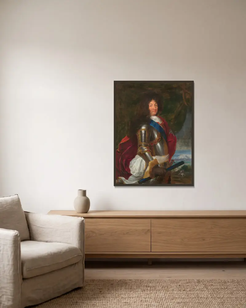 Portrait de Louis XIV av Hyacinthe Rigaud inramad på en vägg