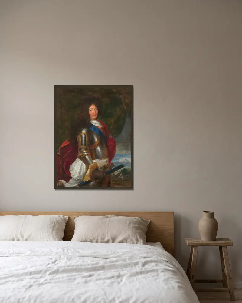 Portrait de Louis XIV av Hyacinthe Rigaud inramad på en vägg