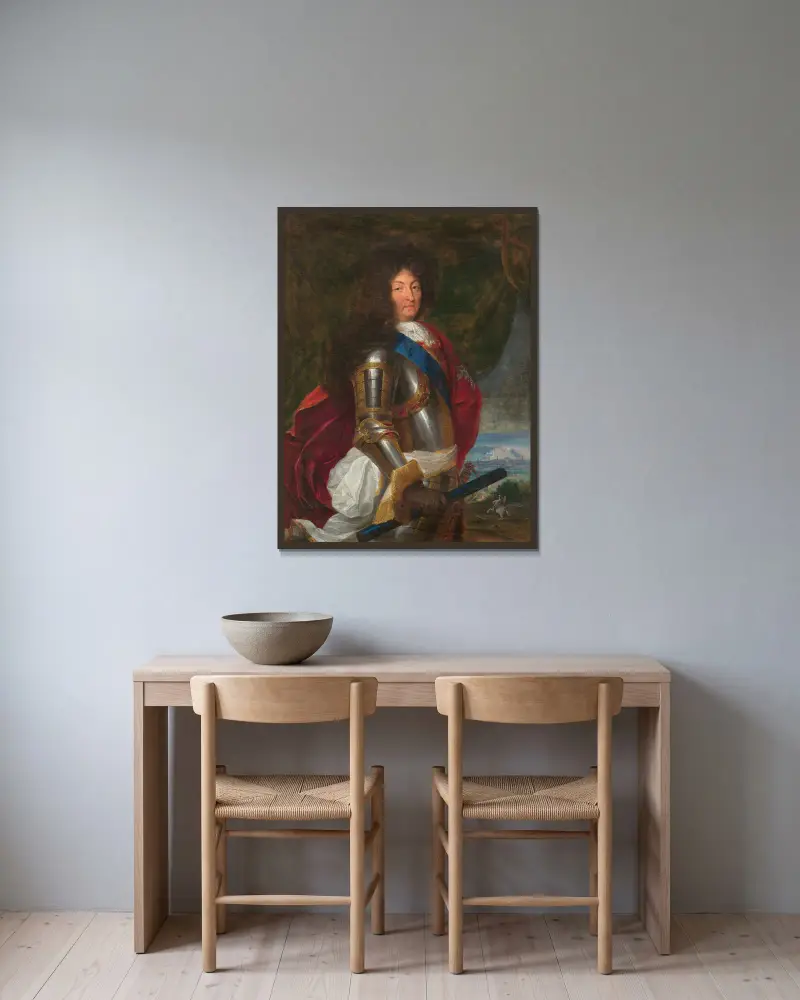 Portrait de Louis XIV av Hyacinthe Rigaud inramad på en vägg